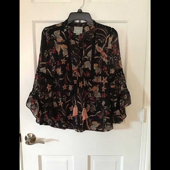 Maeve Tops - Maeve black floral bell sleeved blouse